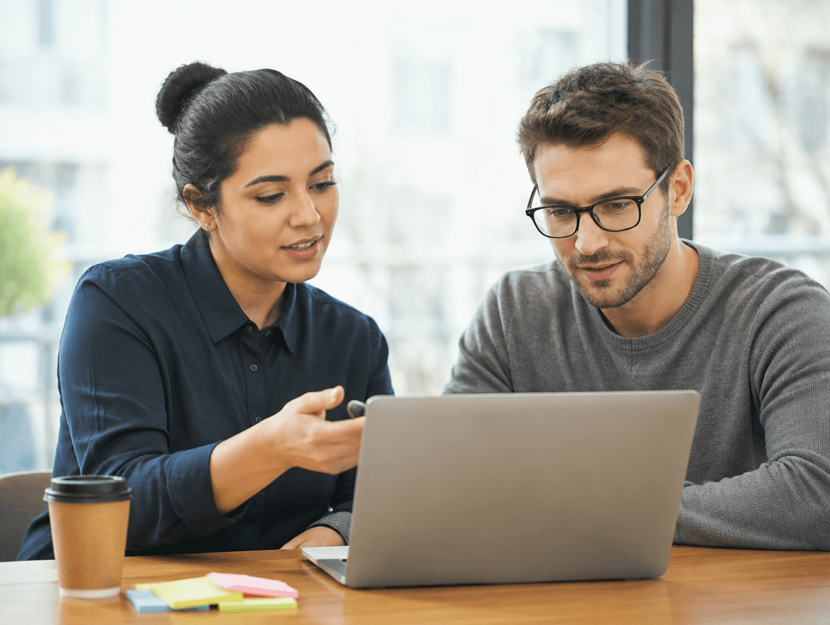 Two trainees collaborating at a laptop