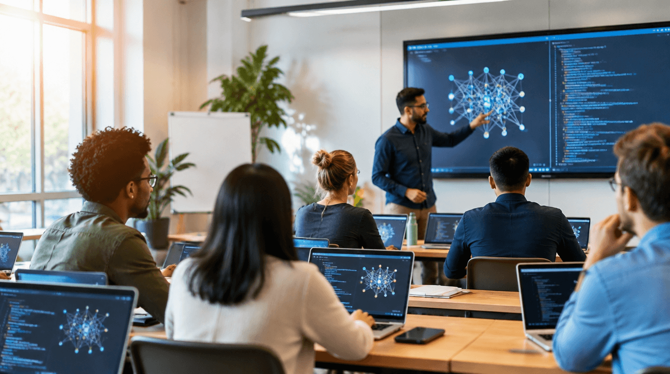 Trainees working on laptops during an AI Camp workshop